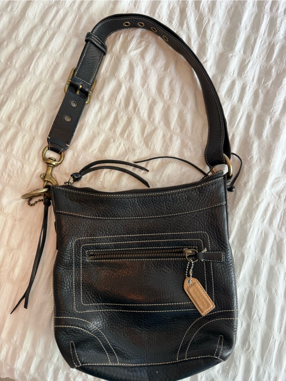 Coach Black Leather Shoulder Bag with Brass Hardware and Tan Tag